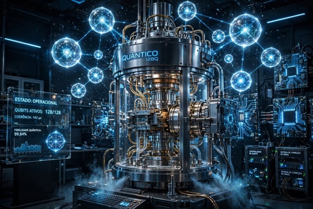 Representação visual de avanços recentes em computação quântica com qubits e circuitos digitais