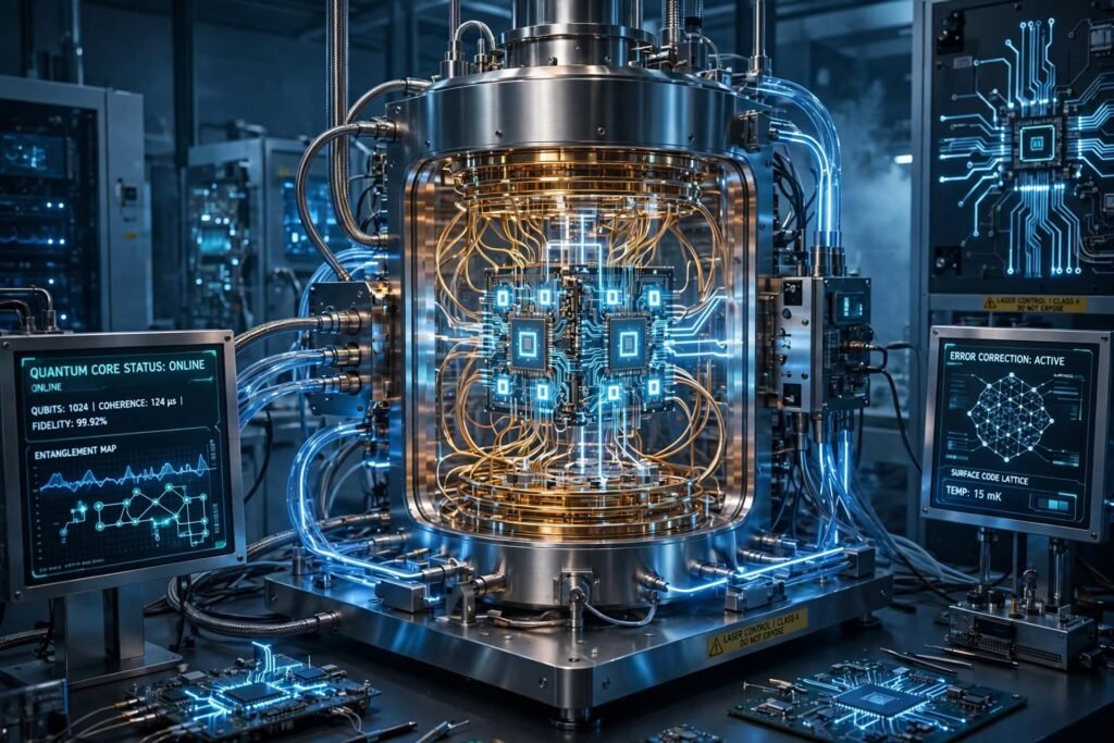 Computador quântico futurista com circuitos digitais iluminados