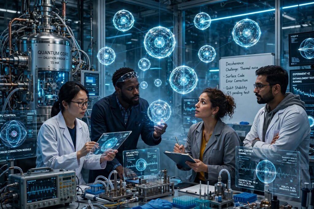 Cientistas em laboratório enfrentando desafios tecnológicos e científicos da computação quântica