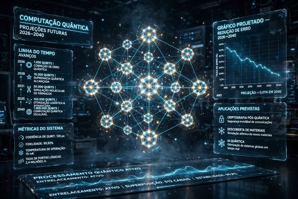 Ilustração futurista representando o futuro da computação quântica com qubits e hologramas digitais