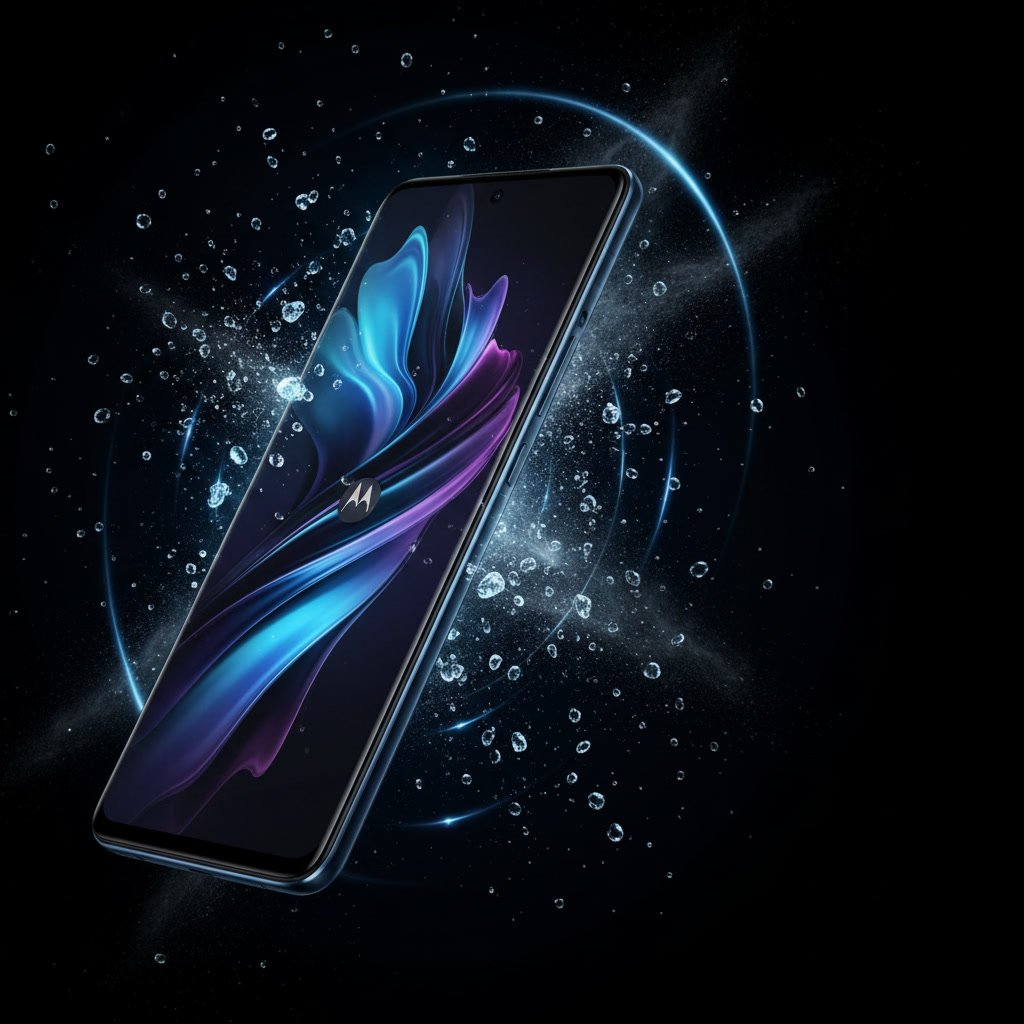 Motorola Edge 70 ultrafino com tela AMOLED, respingos de água e partículas de poeira ao fundo