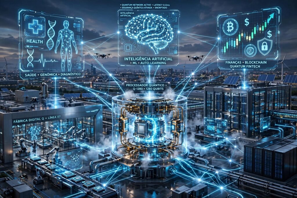 Ilustração mostrando o impacto da computação quântica na indústria de tecnologia, com servidores e ícones digitais interconectados