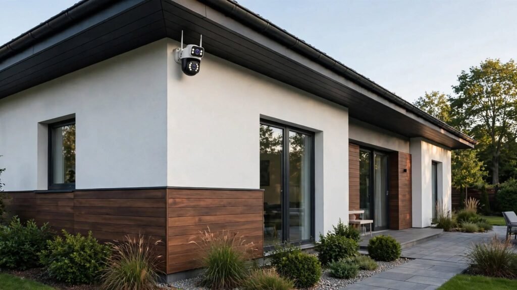 Câmera IP externa A28 instalada em parede de casa