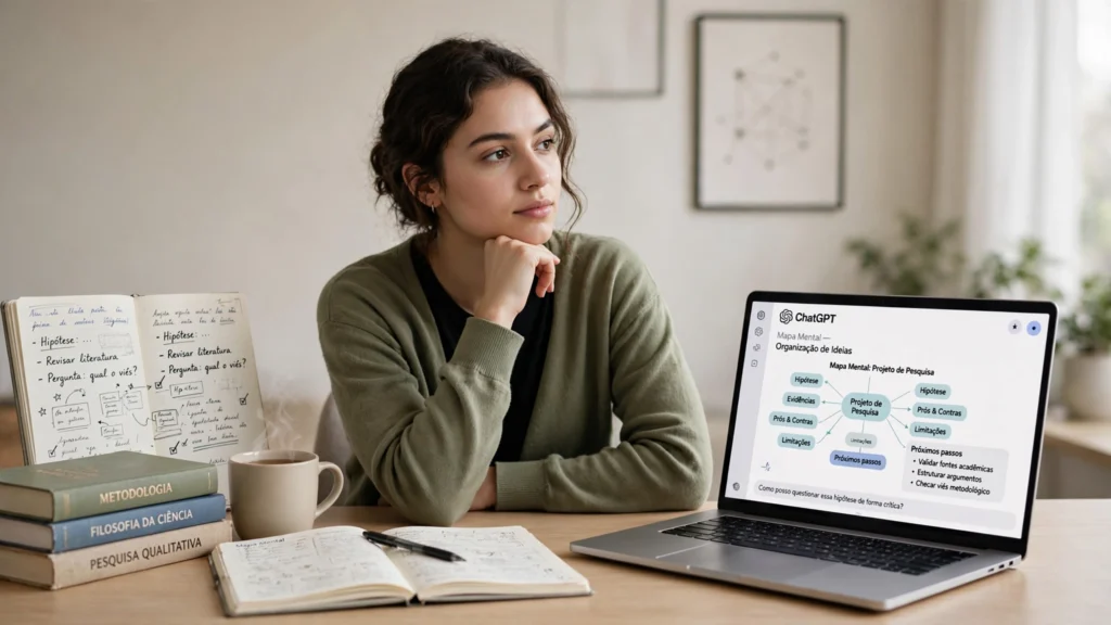Pessoa refletindo diante de uma tela com inteligência artificial enquanto analisa os efeitos do ChatGPT no pensamento crítico