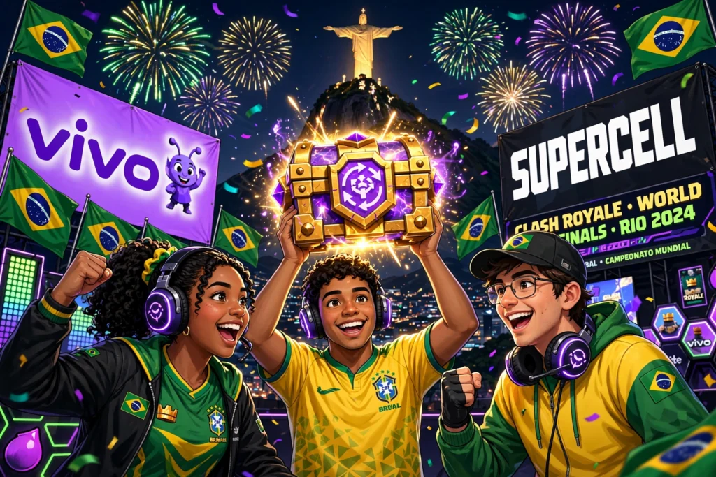 Ilustração de jogadores brasileiros de Clash Royale comemorando a Caixa de Evolução grátis durante a Semana Gamer da Vivo e Supercell