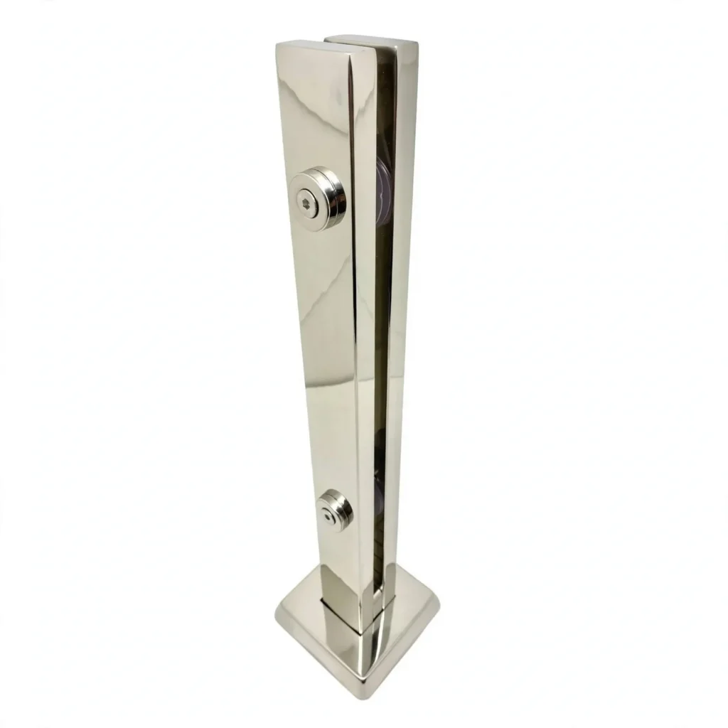 Coluna torre de aço inox 304 com 40 cm, 2 furos e acabamento polido para guarda-corpo de vidro