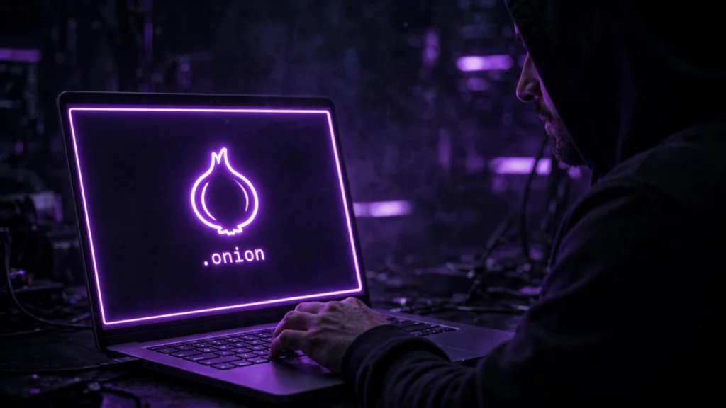 Pessoa acessando dark web pelo notebook com navegador Tor exibindo ícone neon .onion em ambiente escuro