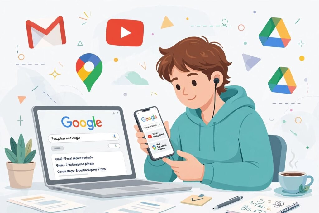  Pessoa usando notebook e celular com Google aberto e ícones de serviços digitais