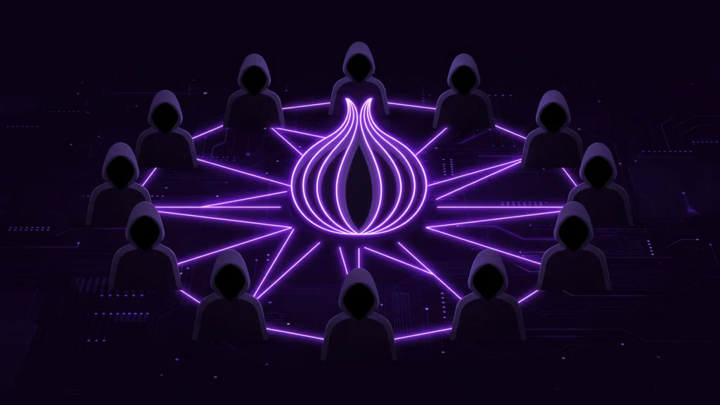 Comunidade da dark web com usuários anônimos conectados em rede ao redor do ícone onion roxo neon