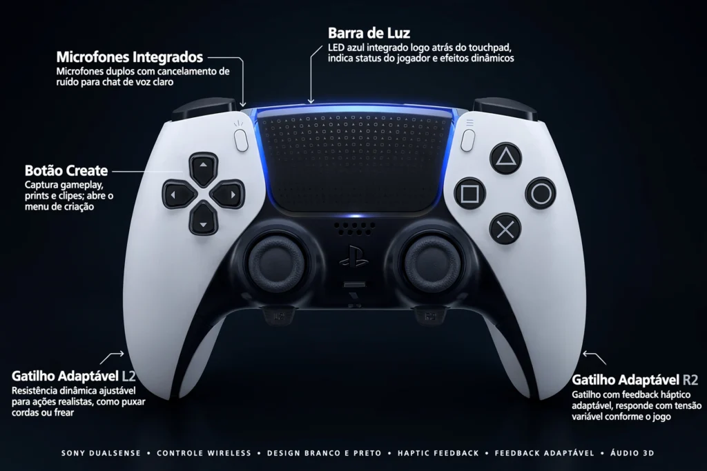 Controle sem fio DualSense do PS5 com destaque para os gatilhos adaptáveis e o feedback háptico