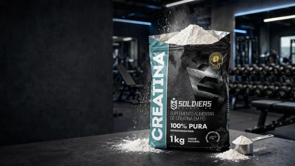 Pote de creatina monohidratada Soldiers Nutrition 1kg em ambiente de academia