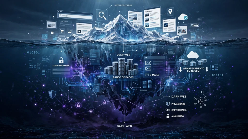 Ilustração de um iceberg representando a Deep Web e a Dark Web