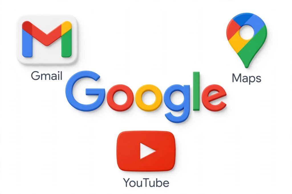Logo do Google com ícones de serviços digitais