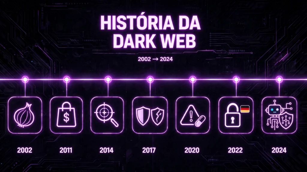 Linha do tempo da história da dark web de 2002 a 2024 com ícones neon representando evolução da rede Tor, mercados e operações de segurança