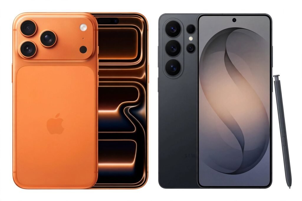 Phone 17 Pro Max e Samsung Galaxy S26 Ultra lado a lado mostrando design e tela
