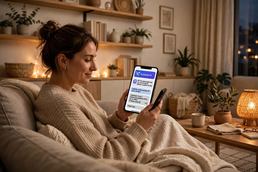 Usuário interagindo com assistente virtual de inteligência artificial no celular