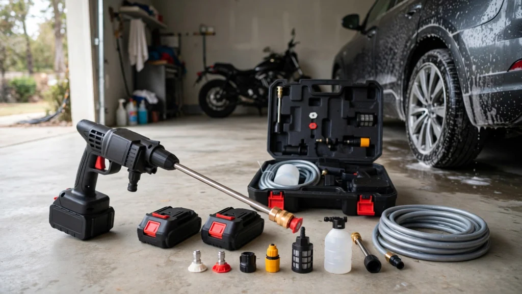Lavadora lava-jato portátil com duas baterias, acessórios e maleta para limpeza de carros, motos e quintais.