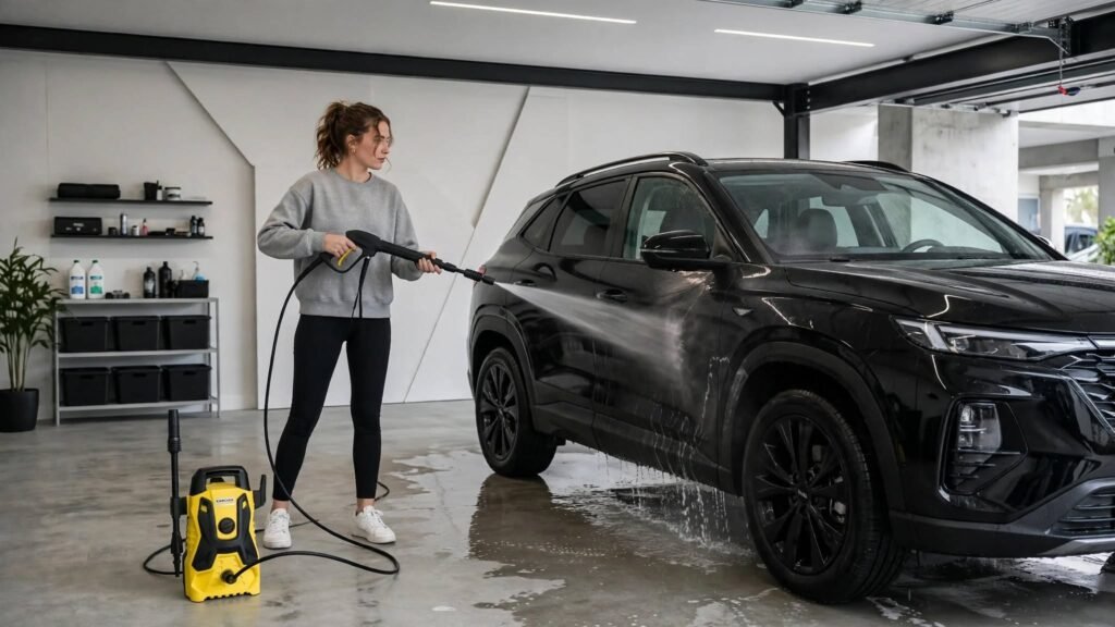 Lavadora portátil Kärcher 1500 psi em uso na limpeza de carro