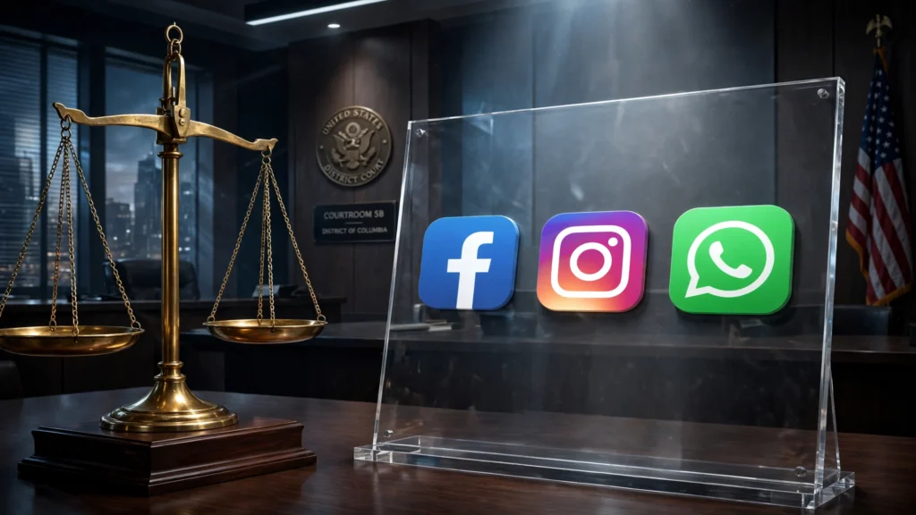 Representação visual do julgamento da Meta envolvendo Facebook, Instagram e WhatsApp em tribunal.