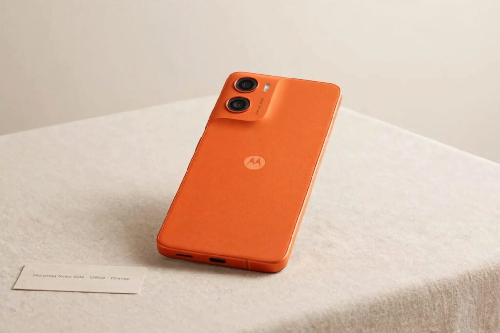 Motorola Moto G06 128GB Orange sobre mesa minimalista