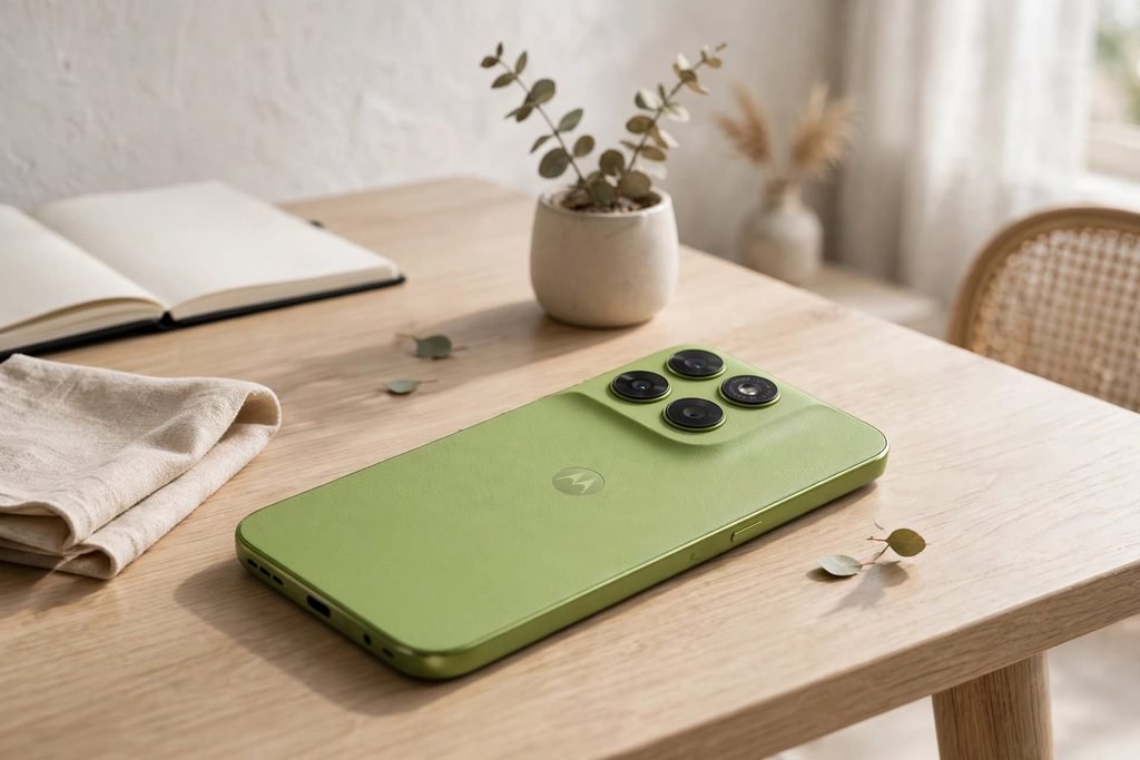 Smartphone Motorola Moto G67 verde-limão sobre mesa moderna