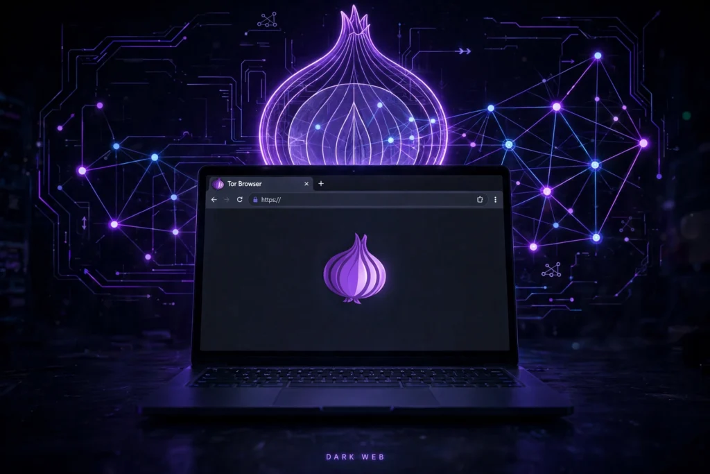 Notebook com navegador Tor exibindo logo da rede onion, ilustrando o que é a dark web e o roteamento em camadas para anonimato
