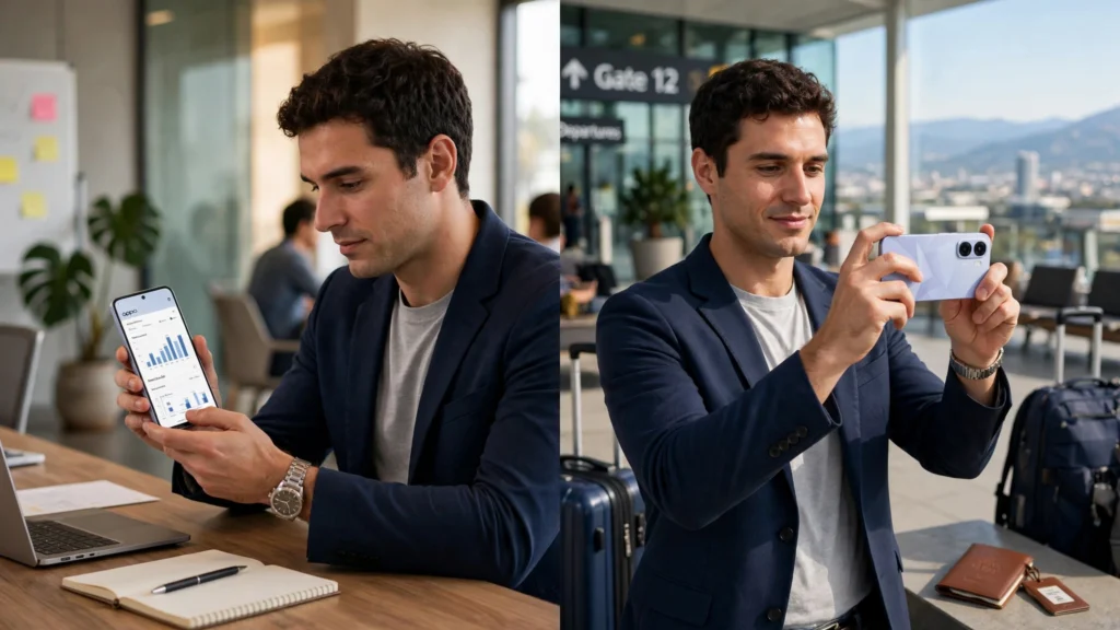 Usuário utilizando OPPO A6t em reunião para apresentar dados
