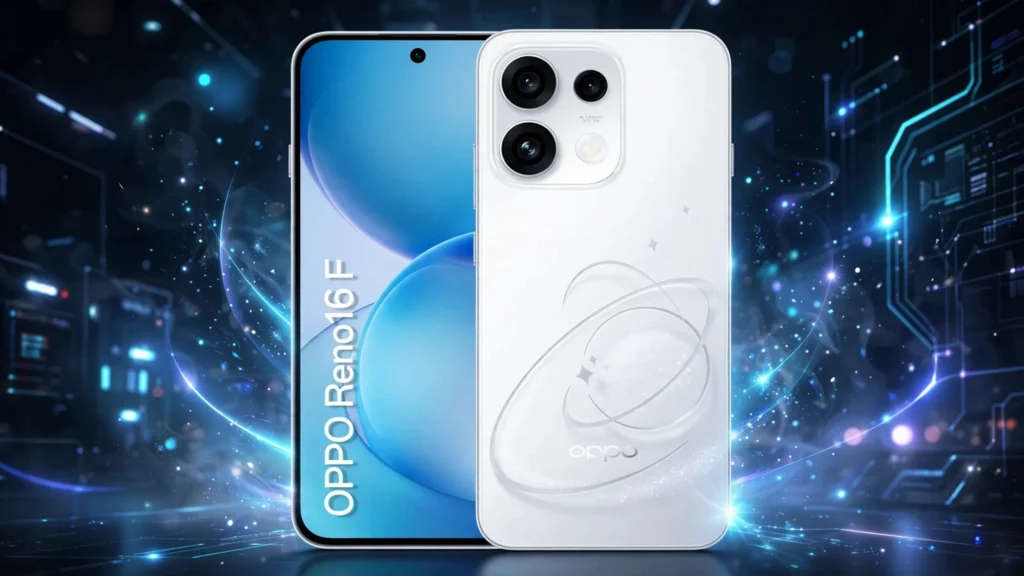 Smartphone OPPO Reno 16F 5G branco aura com tela OLED 120Hz