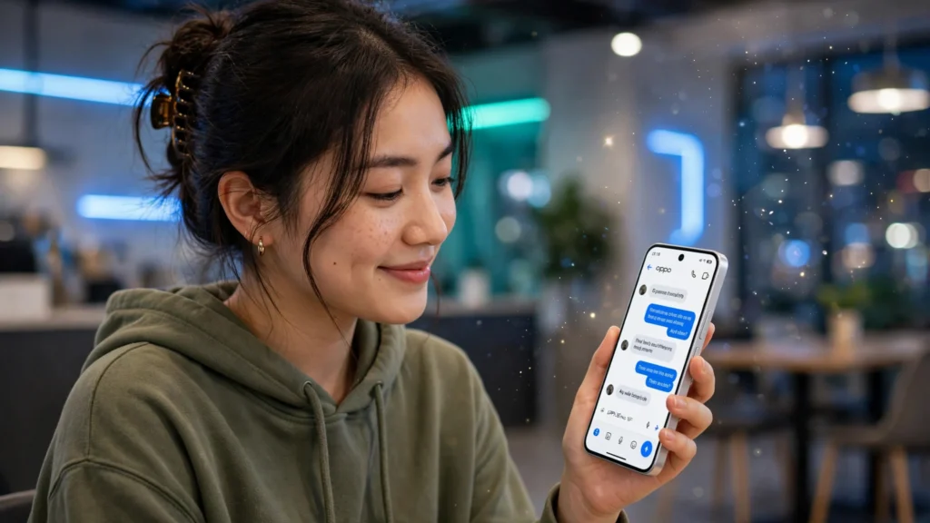 Usuário apresentando dados em reunião com smartphone OPPO Reno 16F 5G