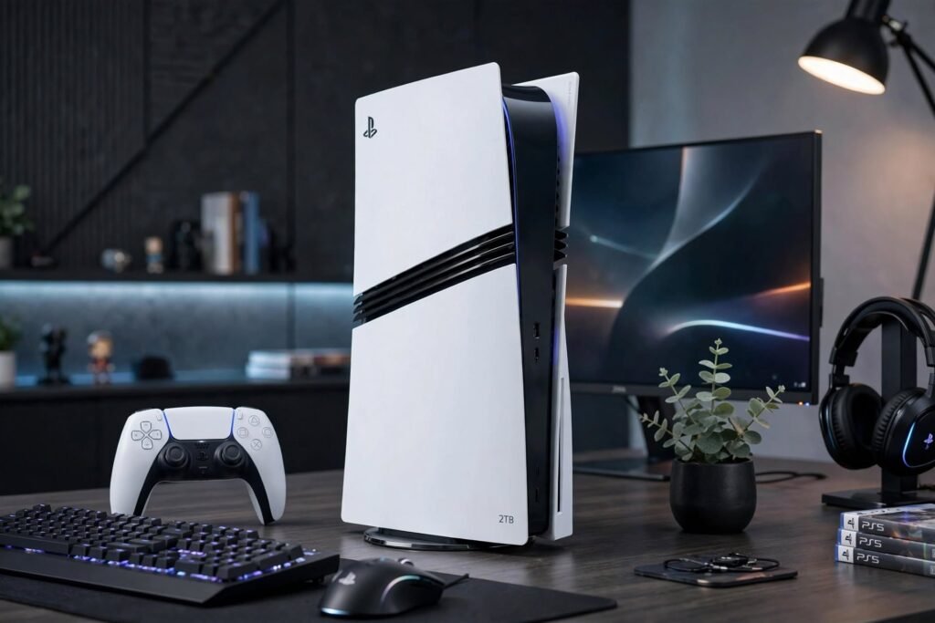 PlayStation 5 Pro 2TB branco sobre mesa gamer