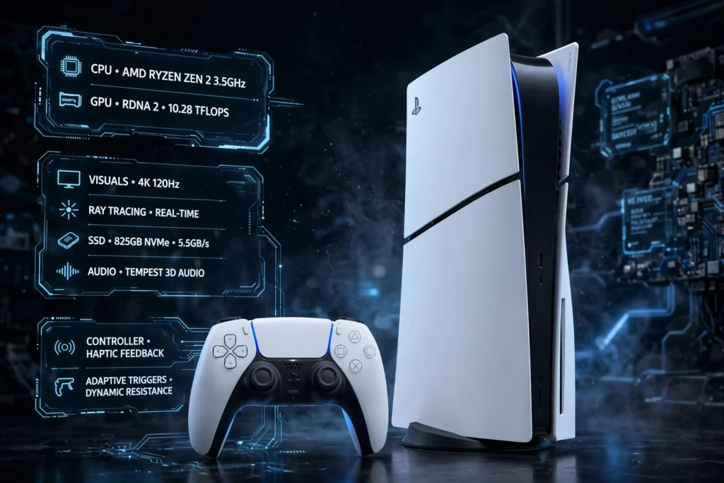 Console PlayStation 5 com controle DualSense destacando seus principais recursos e especificações