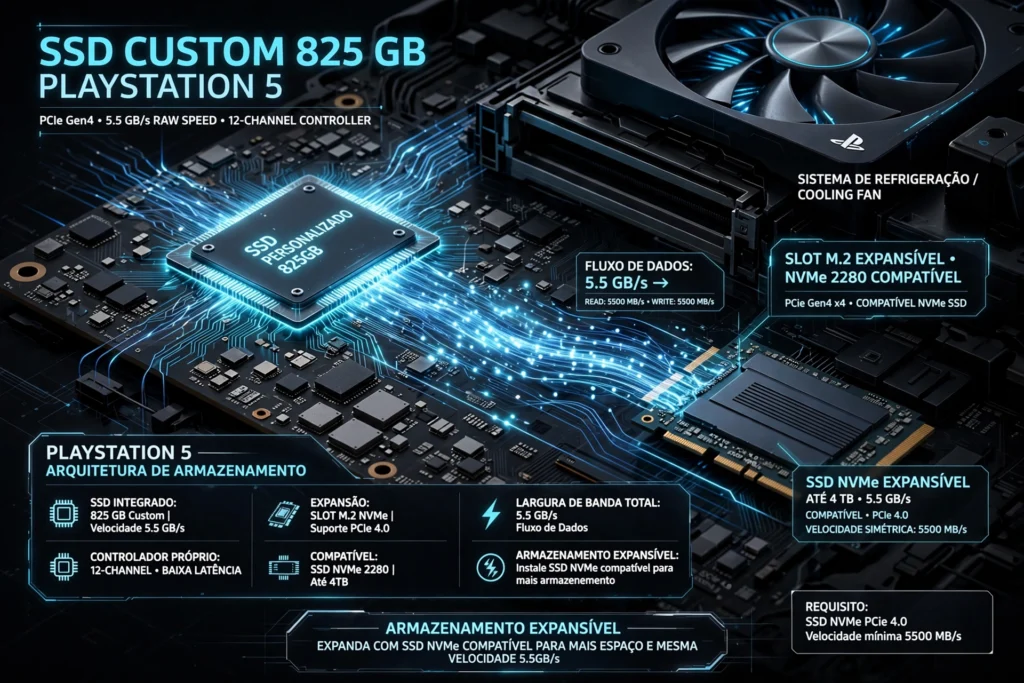 Representação do SSD do PS5 e da tecnologia de armazenamento de alta velocidade