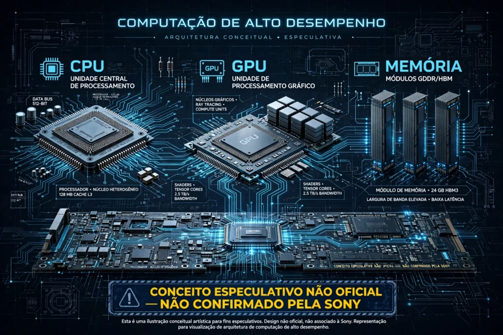 Ilustração conceitual dos possíveis componentes de hardware do PS6, incluindo CPU, GPU e memória