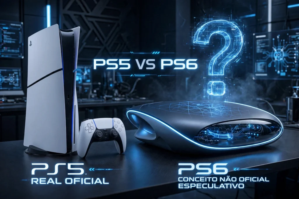 Ilustração conceitual de um possível PlayStation 6 representando os rumores sobre a próxima geração de consoles