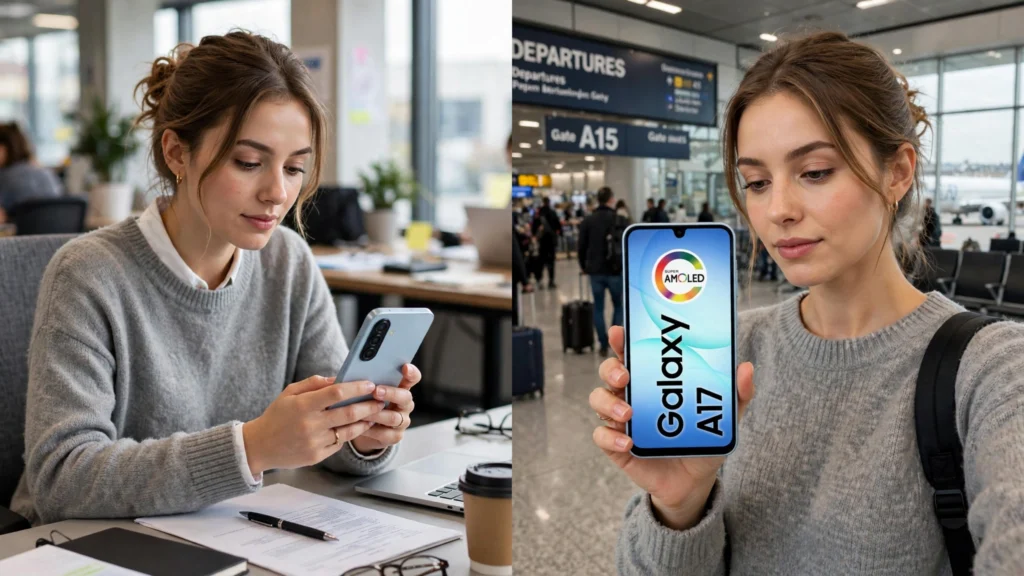 Pessoa usando Samsung Galaxy A17 em viagem e reunião, destacando custo-benefício