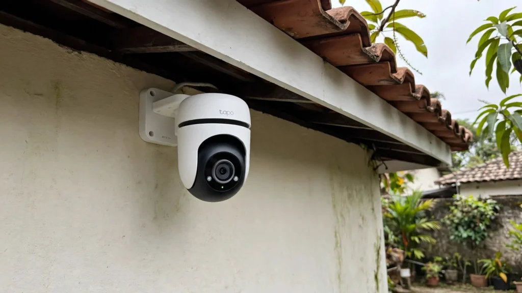Câmera de segurança Wi-Fi TP-Link Tapo C500 instalada em parede externa
