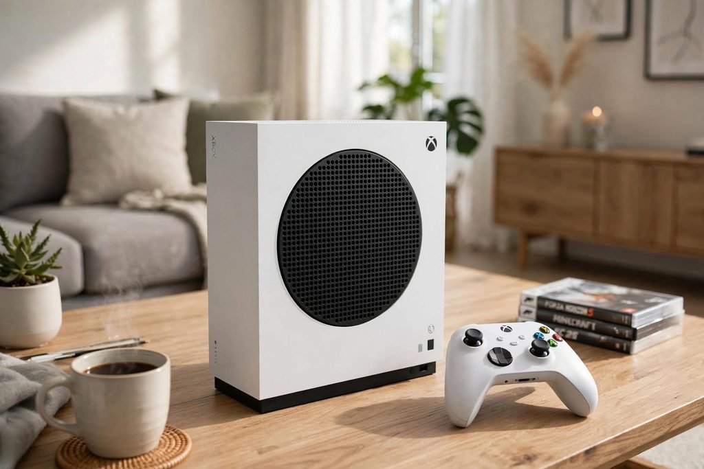 Console Xbox Series S branco sobre mesa em sala moderna