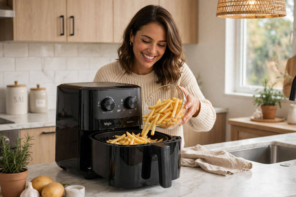 Mulher usando Air Fryer Elgin Quad Fry 4,2L preta colocando batatas fritas na cesta em cozinha moderna
