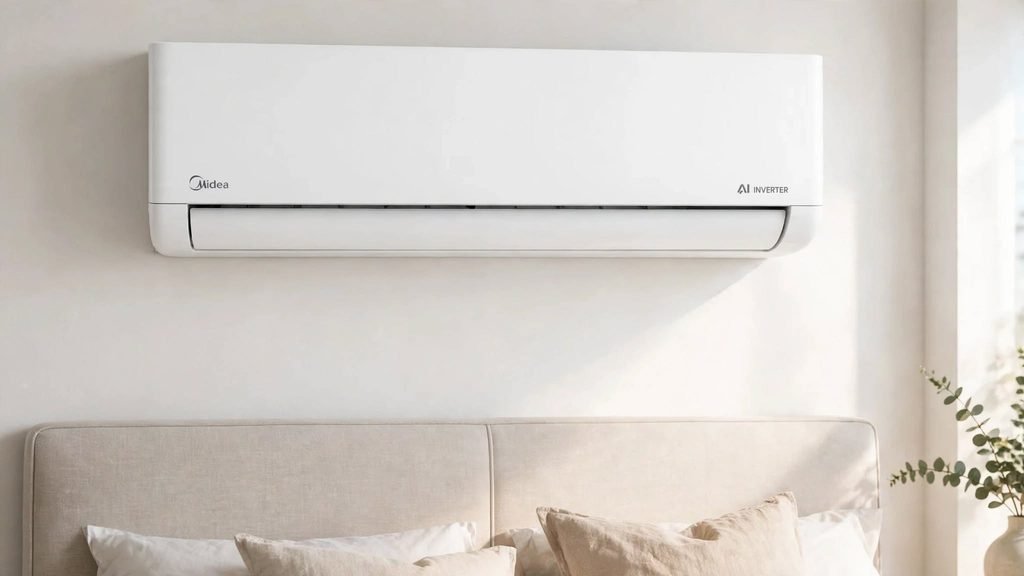 Ar-condicionado Midea Split Inverter 9000 Btus instalado em ambiente residencial