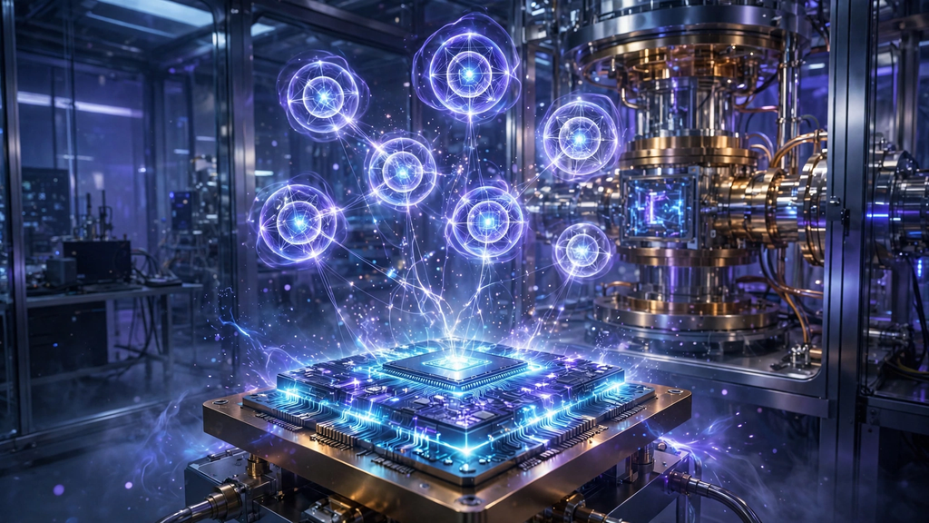 Avanço da computação quântica mostrando chip quântico com qubits brilhantes flutuando em laboratório futurista de alta tecnologia