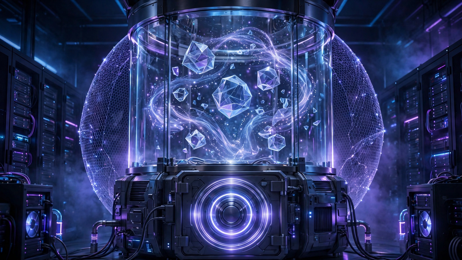 Conceito de computação confidencial com servidor seguro e cofre de dados criptografados em enclave protegido com luzes em tons de azul e roxo