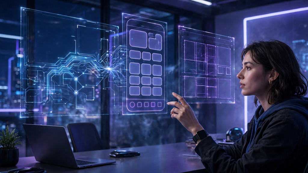  Criação de sites e aplicativos com inteligência artificial, mulher interagindo com interfaces holográficas de wireframe e layout de app gerados por IA