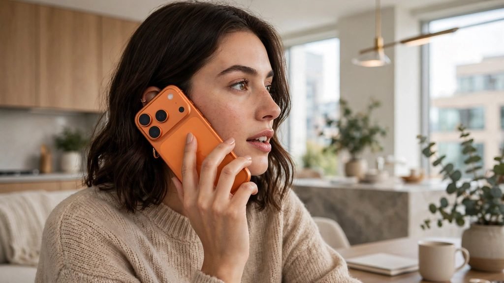 Mulher jovem usando iPhone 17 Pro 256GB Laranja Cósmico em uma ligação telefônica, segurando o aparelho no ouvido em ambiente moderno iluminado