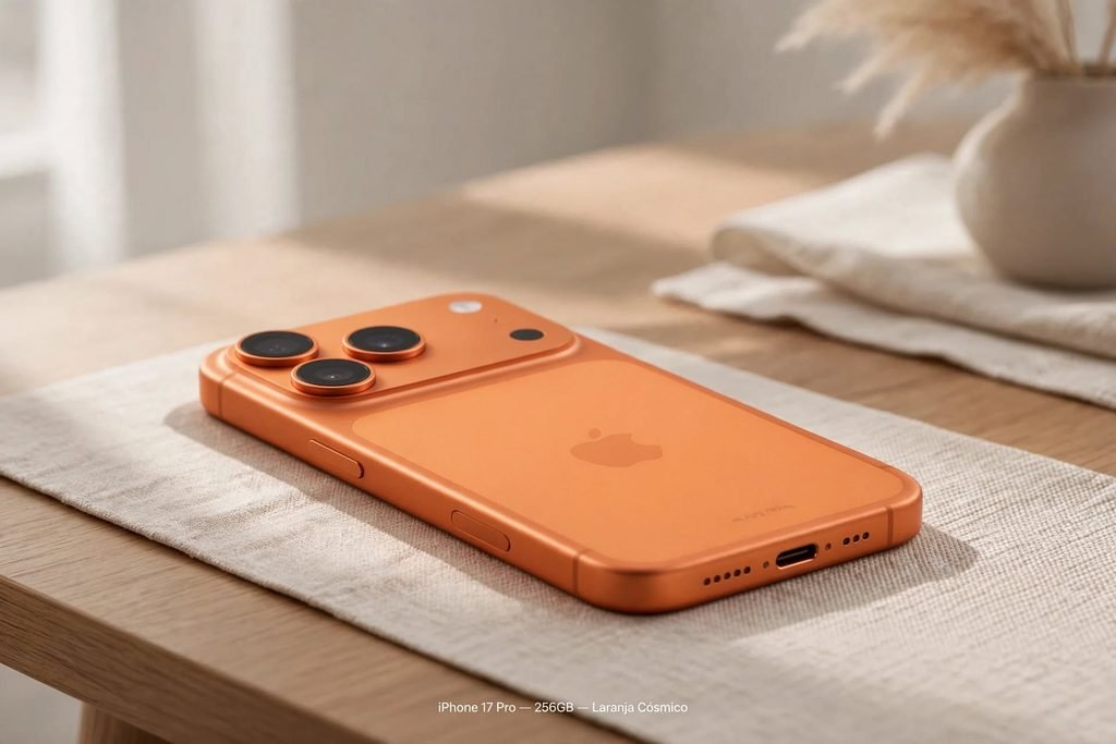 iPhone 17 Pro 256GB cor Laranja Cósmico sobre mesa moderna