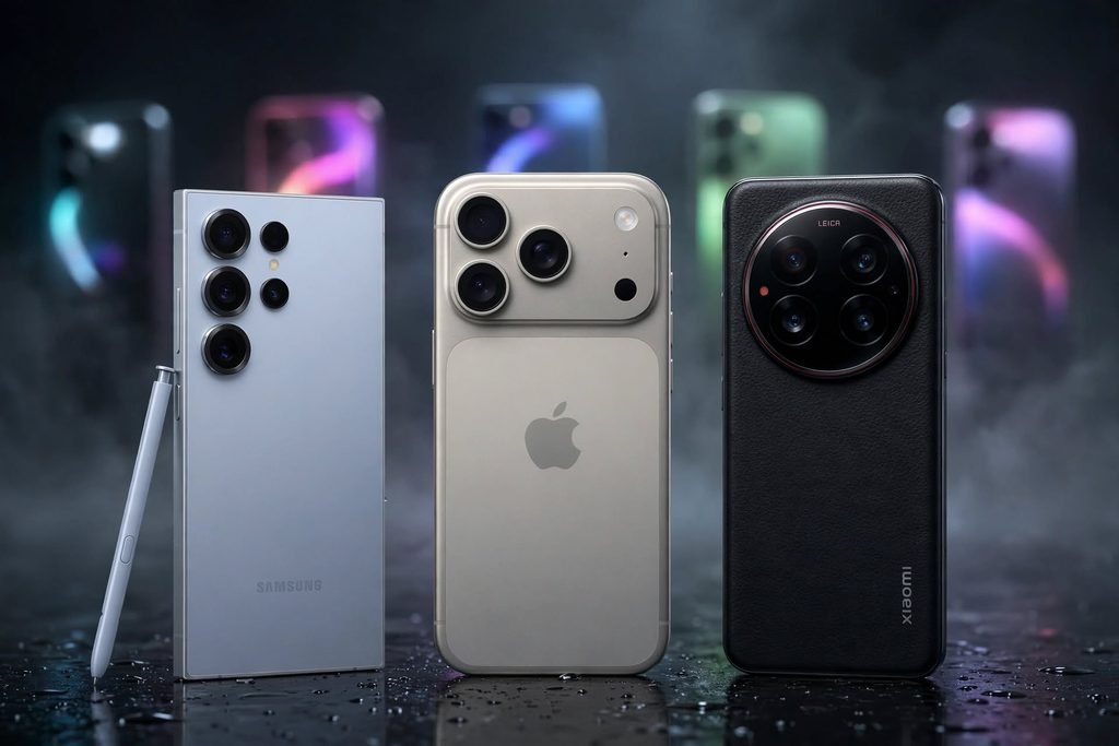 Imagem dos 10 melhores celulares de 2027: iPhone 17 Pro Max, Galaxy S25 Ultra, Motorola Signature 5G, Poco X8 Pro, Xiaomi 15 Ultra, Honor Magic 7 Pro, OnePlus 13, Samsung Galaxy S23 FE, Samsung Galaxy A36 5G e iPhone 17