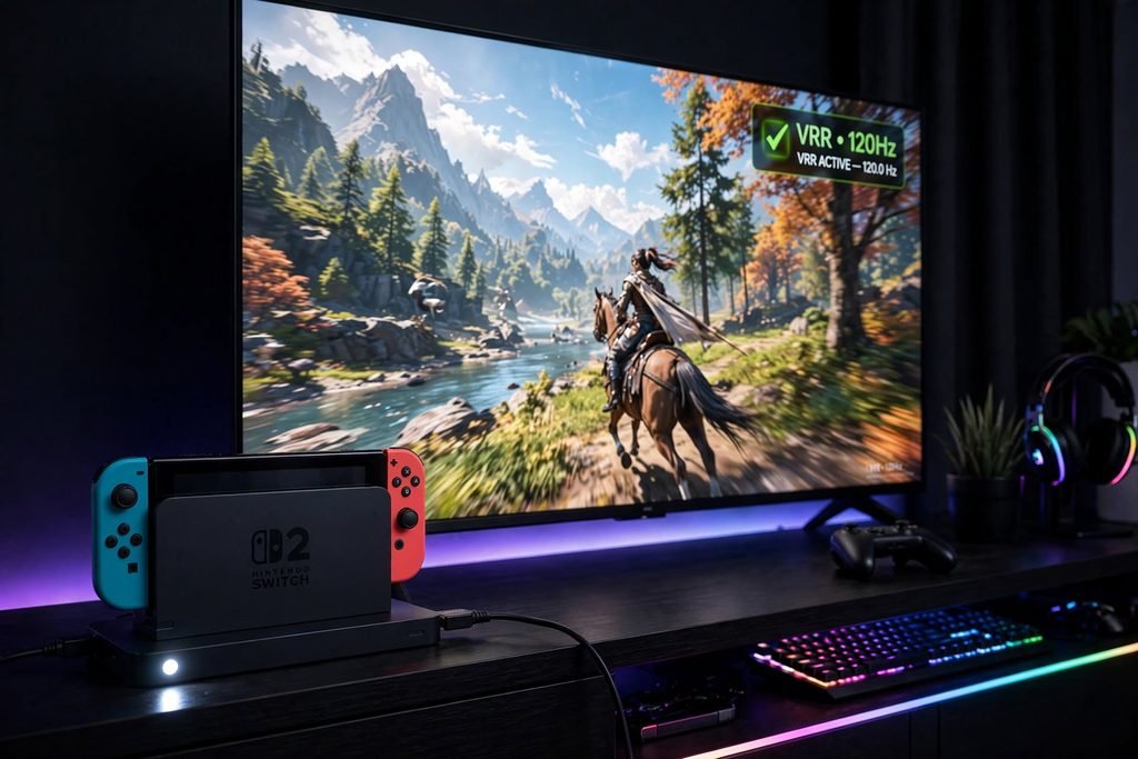 Console Nintendo Switch 2 em dock mostrando suporte a VRR na TV