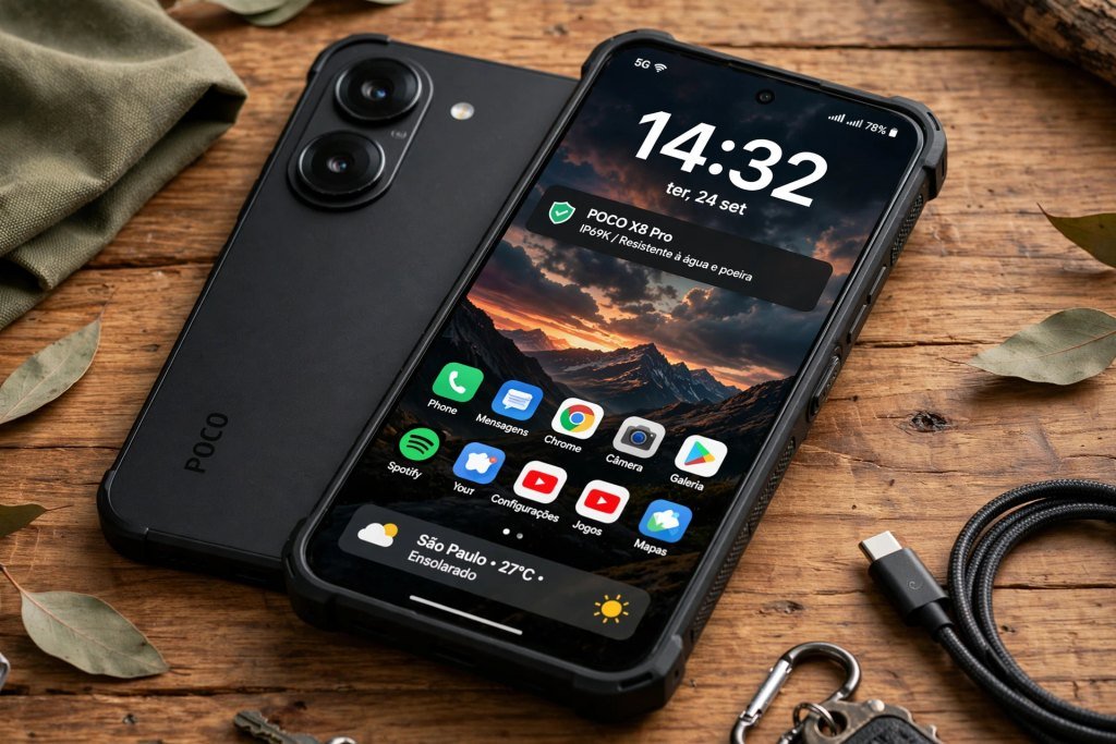 Smartphone POCO X8 Pro com tela AMOLED e design resistente