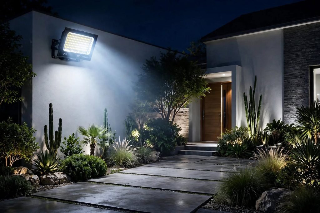Refletor LED 400W iluminando área externa com luz branca fria