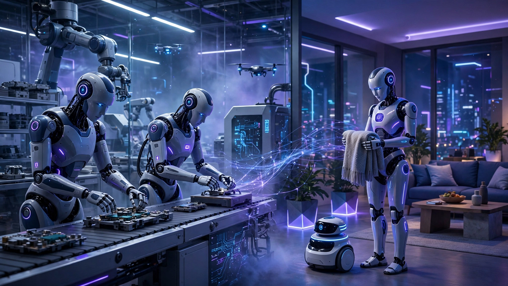  Robótica e inteligência artificial física com robôs humanoides avançados trabalhando em ambiente inteligente futurista iluminado em azul e roxo