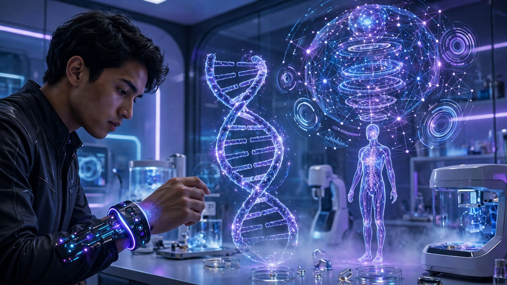 Saúde personalizada com análise de DNA holográfico e dispositivos wearables inteligentes em laboratório médico futurista com inteligência artificial